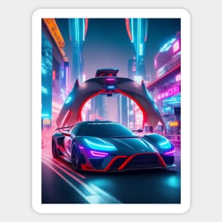 Dark Neon Sports Car in Asian Neon City Sticker